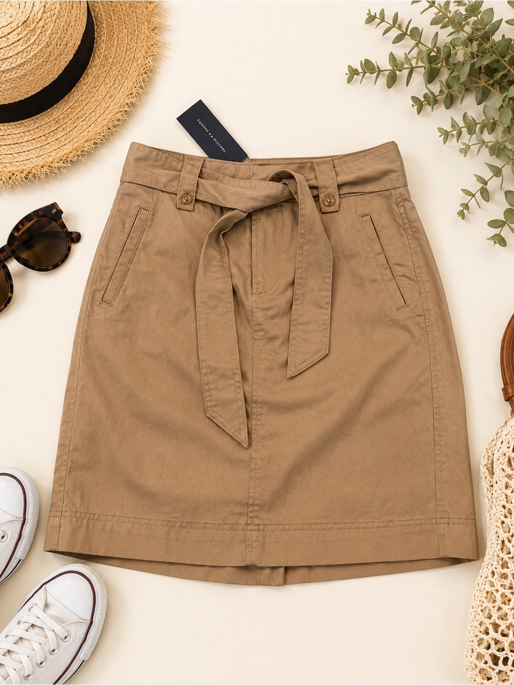 Tommy Hilfiger Tan Belted Utility Skirt Size 4 NWT Cotton Blend